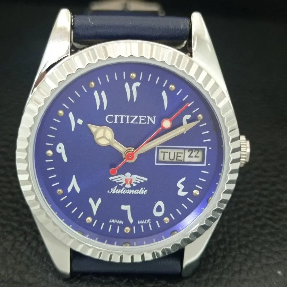 Vintage 1978 Citizen Automatic Mens Silver Watch W/daydate & Blue accents